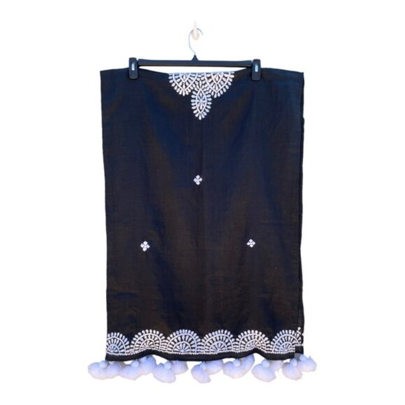 Black & White Embroidered Linen Blend Wrap/Shawl with Fringe Pom Pom's - Picture 6 of 12
